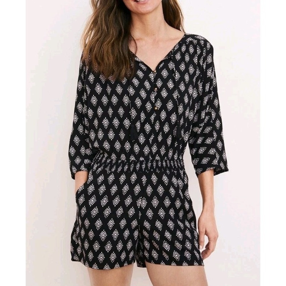Garnet Hill Remi Draped Romper Small Black White Boho Tassel‎ Pockets